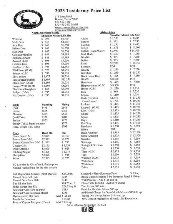 Cow Creek Taxidermy Price List